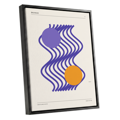 Orbiting Bauhaus Waves, beige, orange, purple abstract wall art shown as a black framed canvas wall art