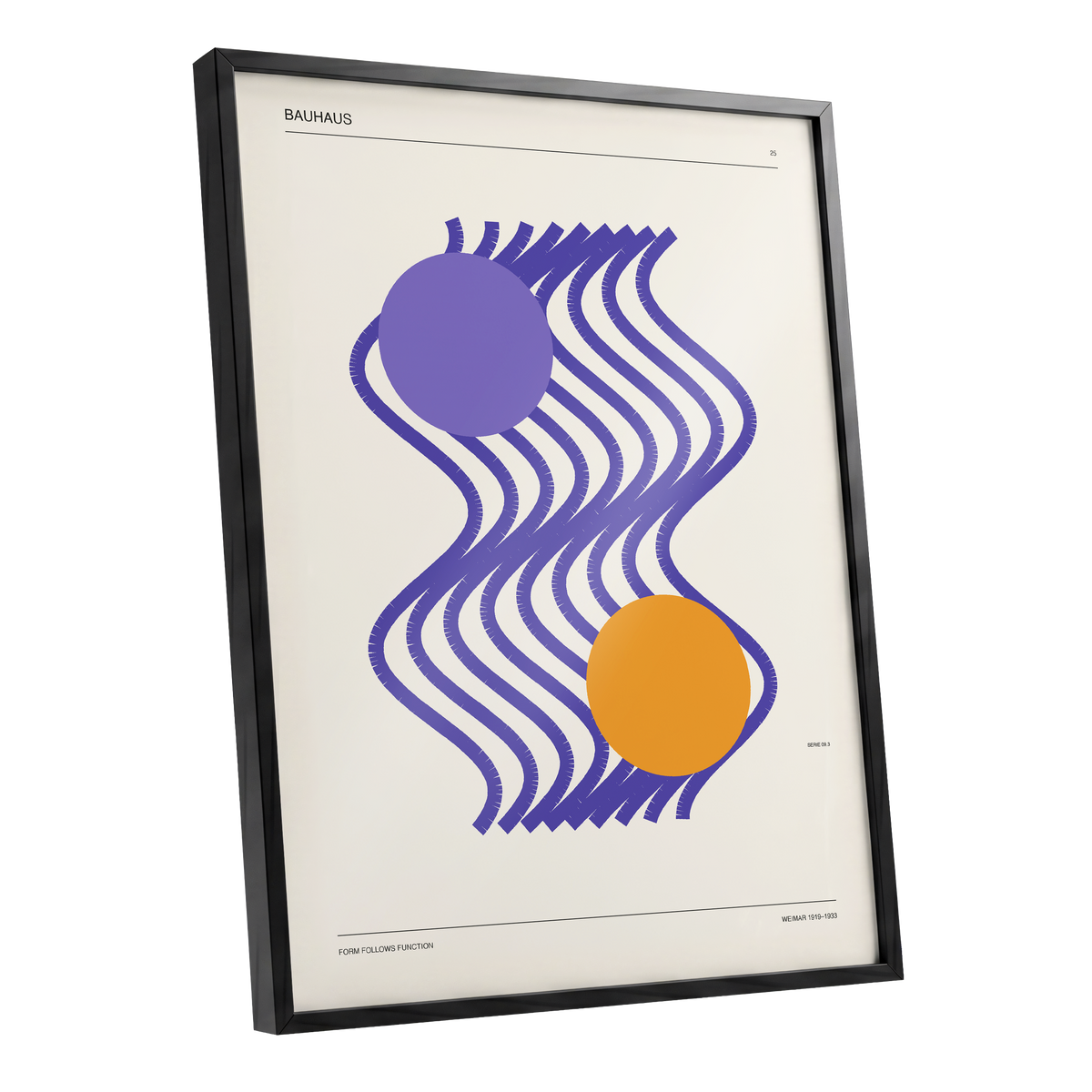 Orbiting Bauhaus Waves, beige, orange, purple abstract wall art shown as a black framed poster wall art print