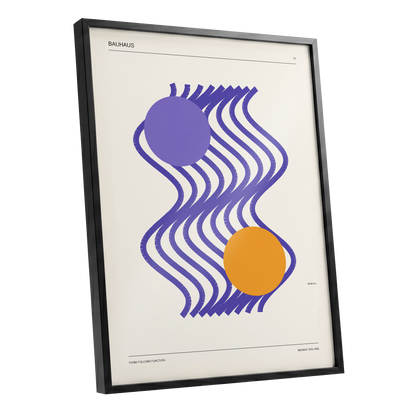 Orbiting Bauhaus Waves, beige, orange, purple abstract wall art shown as a black framed poster wall art print