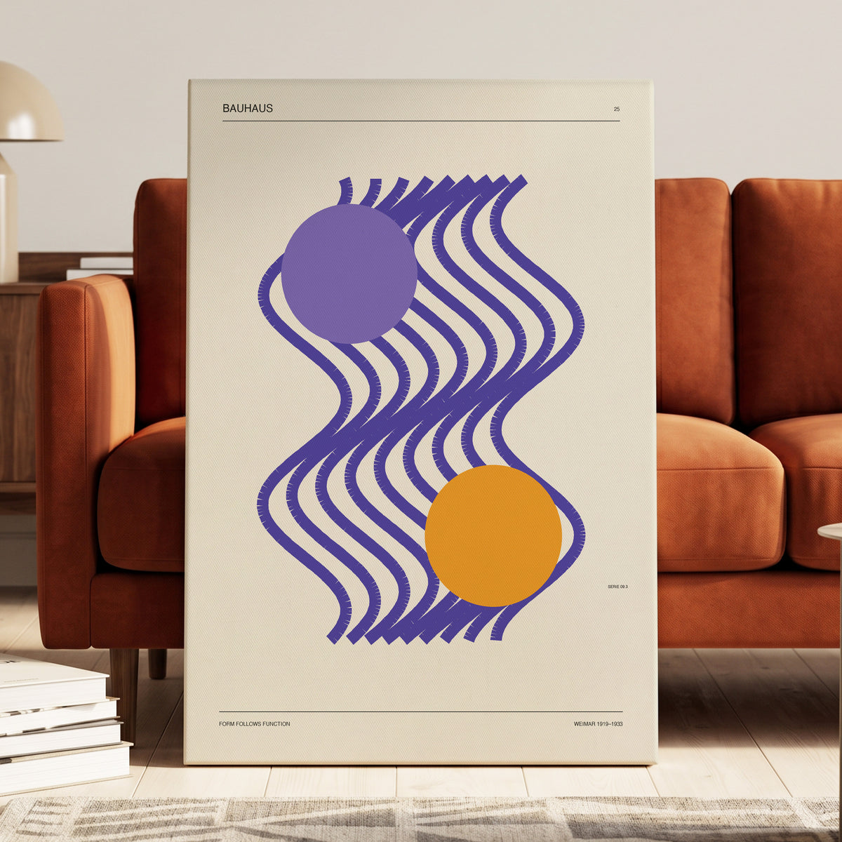 Orbiting Bauhaus Waves, beige, orange, purple abstract wall art on canvas displayed in a styled interior, gallery view 1