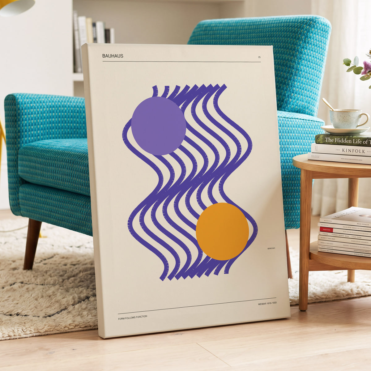 Orbiting Bauhaus Waves, beige, orange, purple abstract wall art on canvas displayed in a styled interior, gallery view 2