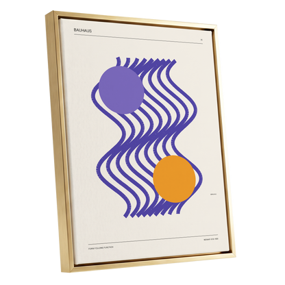 Orbiting Bauhaus Waves, beige, orange, purple abstract wall art shown as a gold framed canvas wall art