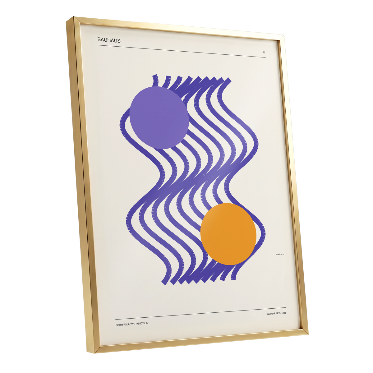 Orbiting Bauhaus Waves, beige, orange, purple abstract wall art shown as a gold framed poster wall art print