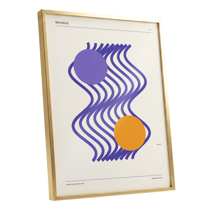 Orbiting Bauhaus Waves, beige, orange, purple abstract wall art shown as a gold framed poster wall art print