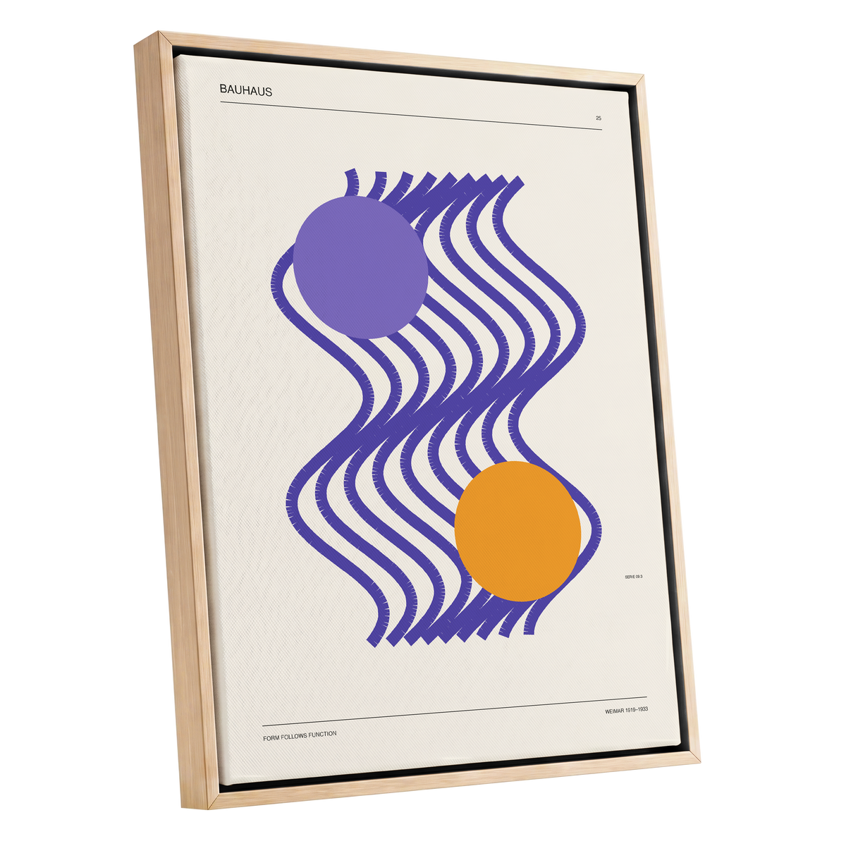 Orbiting Bauhaus Waves, beige, orange, purple abstract wall art shown as a oak framed canvas wall art