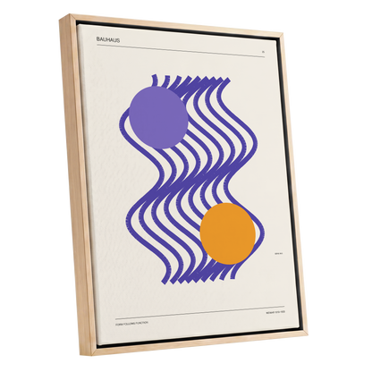 Orbiting Bauhaus Waves, beige, orange, purple abstract wall art shown as a oak framed canvas wall art