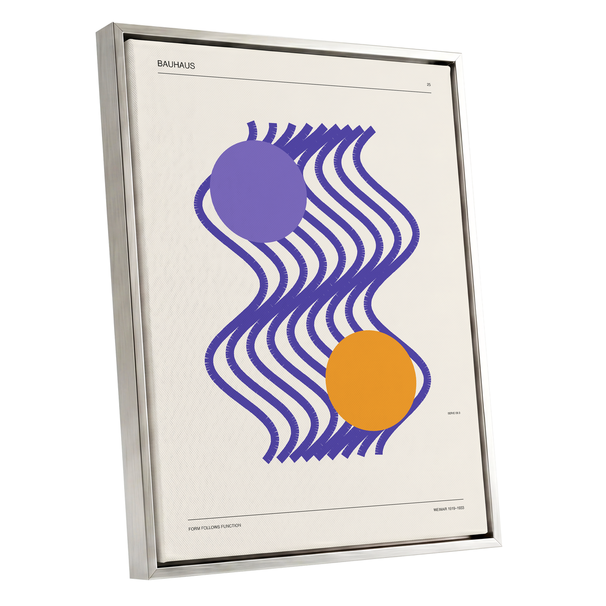 Orbiting Bauhaus Waves, beige, orange, purple abstract wall art shown as a silver framed canvas wall art