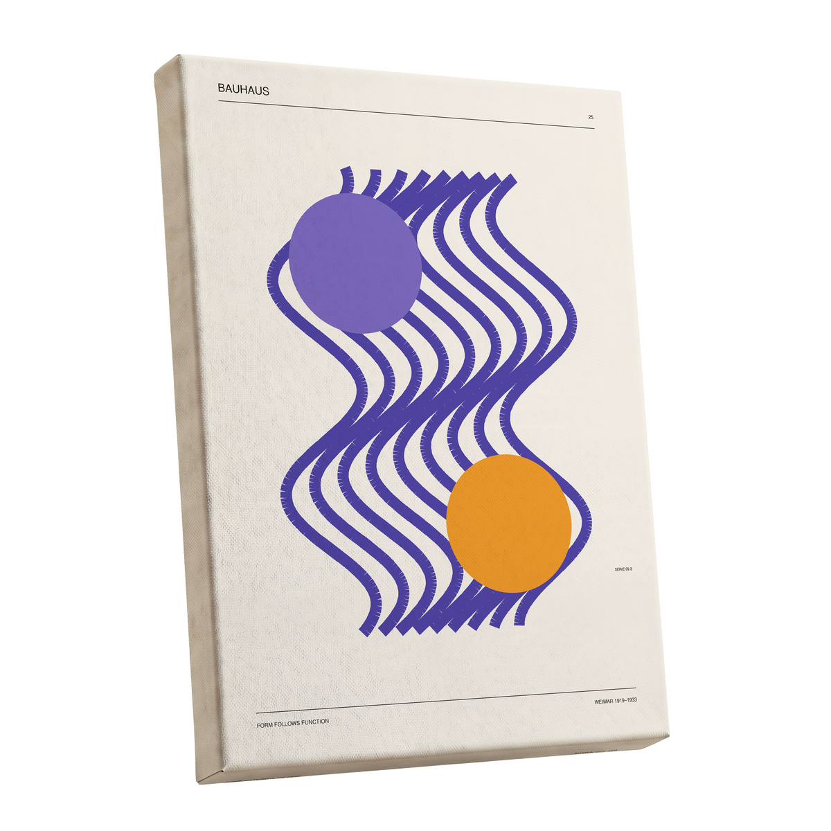 Orbiting Bauhaus Waves, beige, orange, purple abstract wall art shown as a stretched canvas wall art