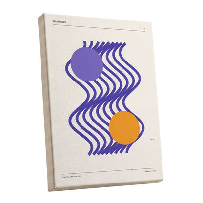 Orbiting Bauhaus Waves, beige, orange, purple abstract wall art shown as a stretched canvas wall art