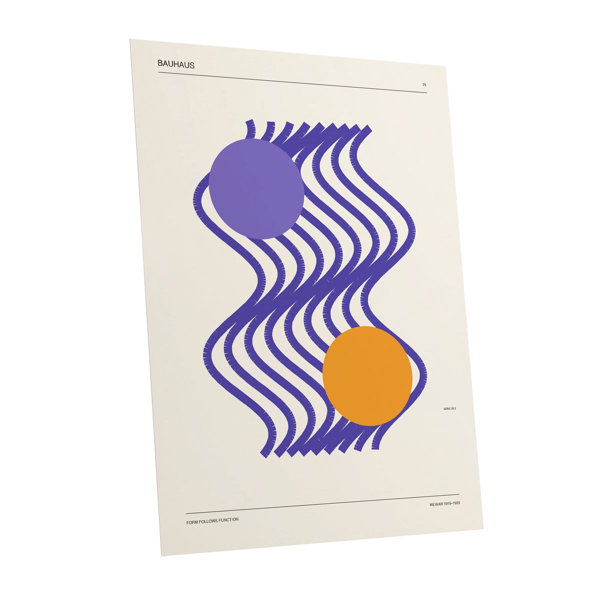 Orbiting Bauhaus Waves, beige, orange, purple abstract wall art shown as a unframed poster wall art print