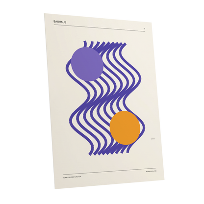 Orbiting Bauhaus Waves, beige, orange, purple abstract wall art shown as a unframed poster wall art print
