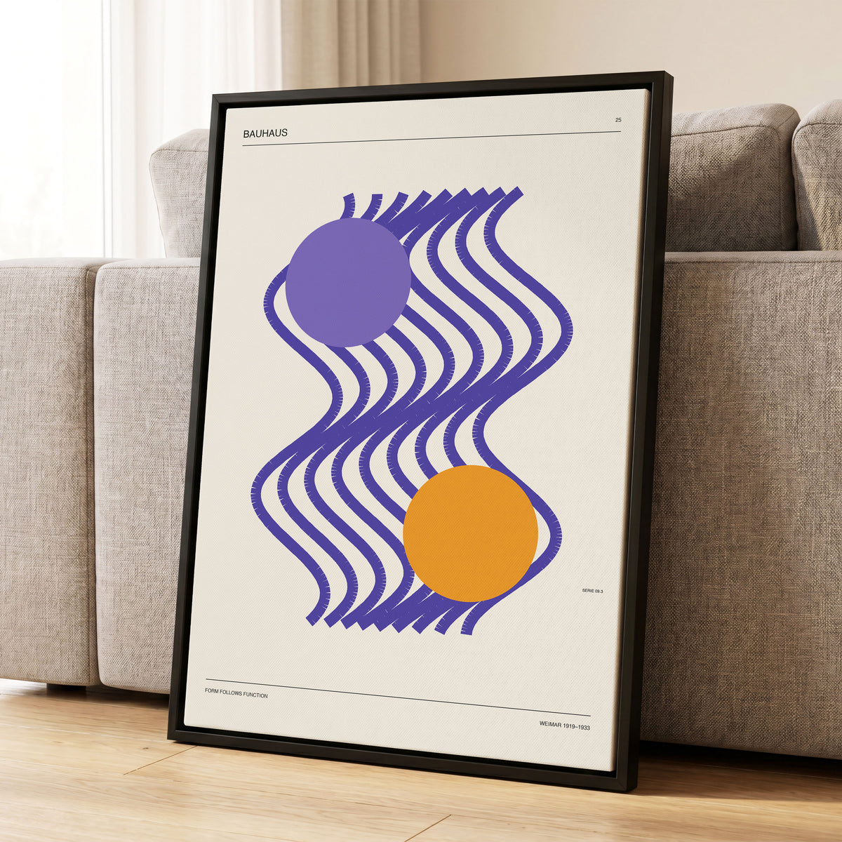 Orbiting Bauhaus Waves, beige, orange, purple abstract wall art displayed in a styled interior, gallery view 1