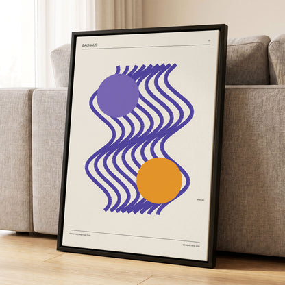 Orbiting Bauhaus Waves, beige, orange, purple abstract wall art displayed in a styled interior, gallery view 1
