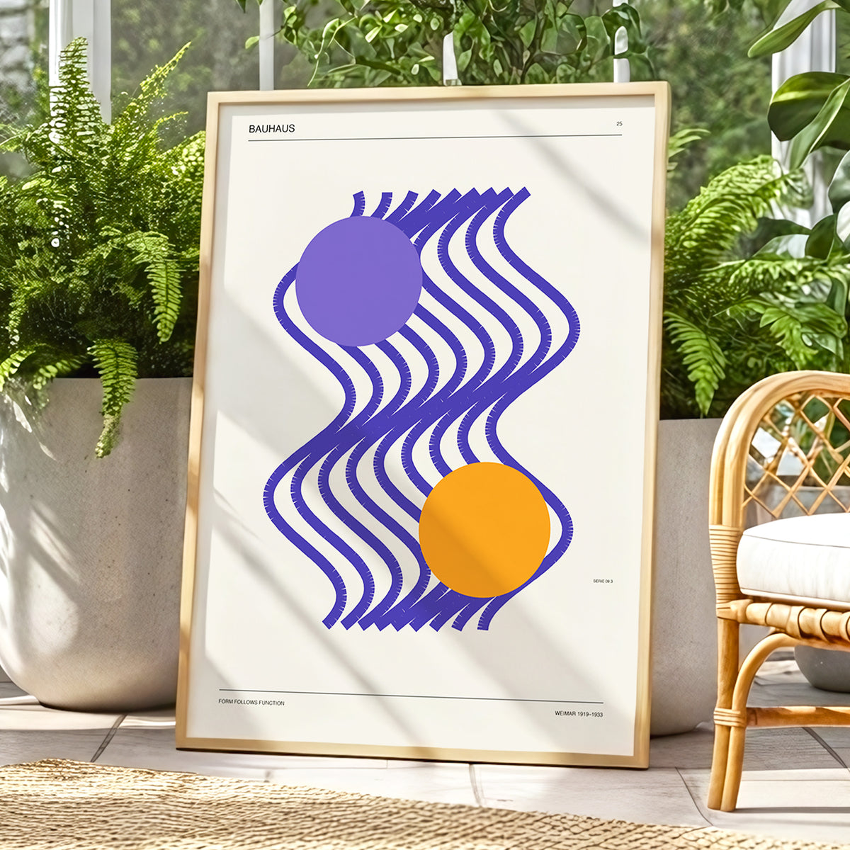 Orbiting Bauhaus Waves, beige, orange, purple abstract wall art displayed in a styled interior, gallery view 2