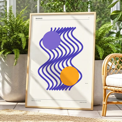 Orbiting Bauhaus Waves, beige, orange, purple abstract wall art displayed in a styled interior, gallery view 2