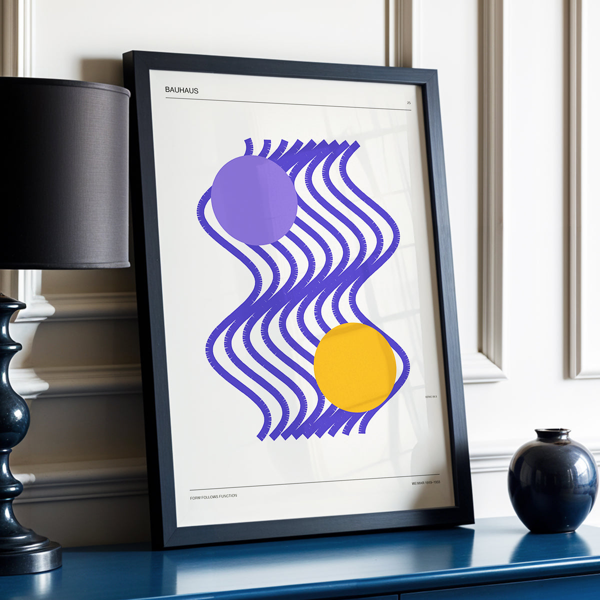 Orbiting Bauhaus Waves, beige, orange, purple abstract wall art displayed in a styled interior, gallery view 3