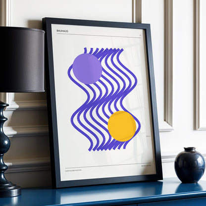 Orbiting Bauhaus Waves, beige, orange, purple abstract wall art displayed in a styled interior, gallery view 3