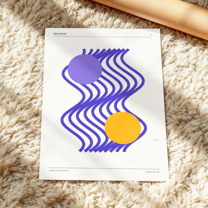 Orbiting Bauhaus Waves, beige, orange, purple abstract wall art displayed in a styled interior, gallery view 4