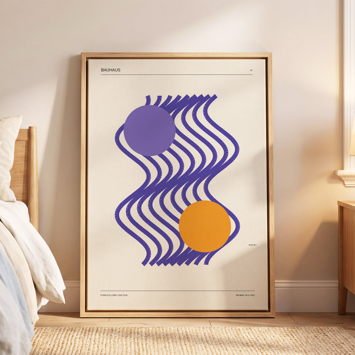 Orbiting Bauhaus Waves, beige, orange, purple abstract wall art displayed in a styled interior, gallery view 5