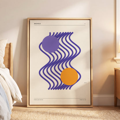 Orbiting Bauhaus Waves, beige, orange, purple abstract wall art displayed in a styled interior, gallery view 5