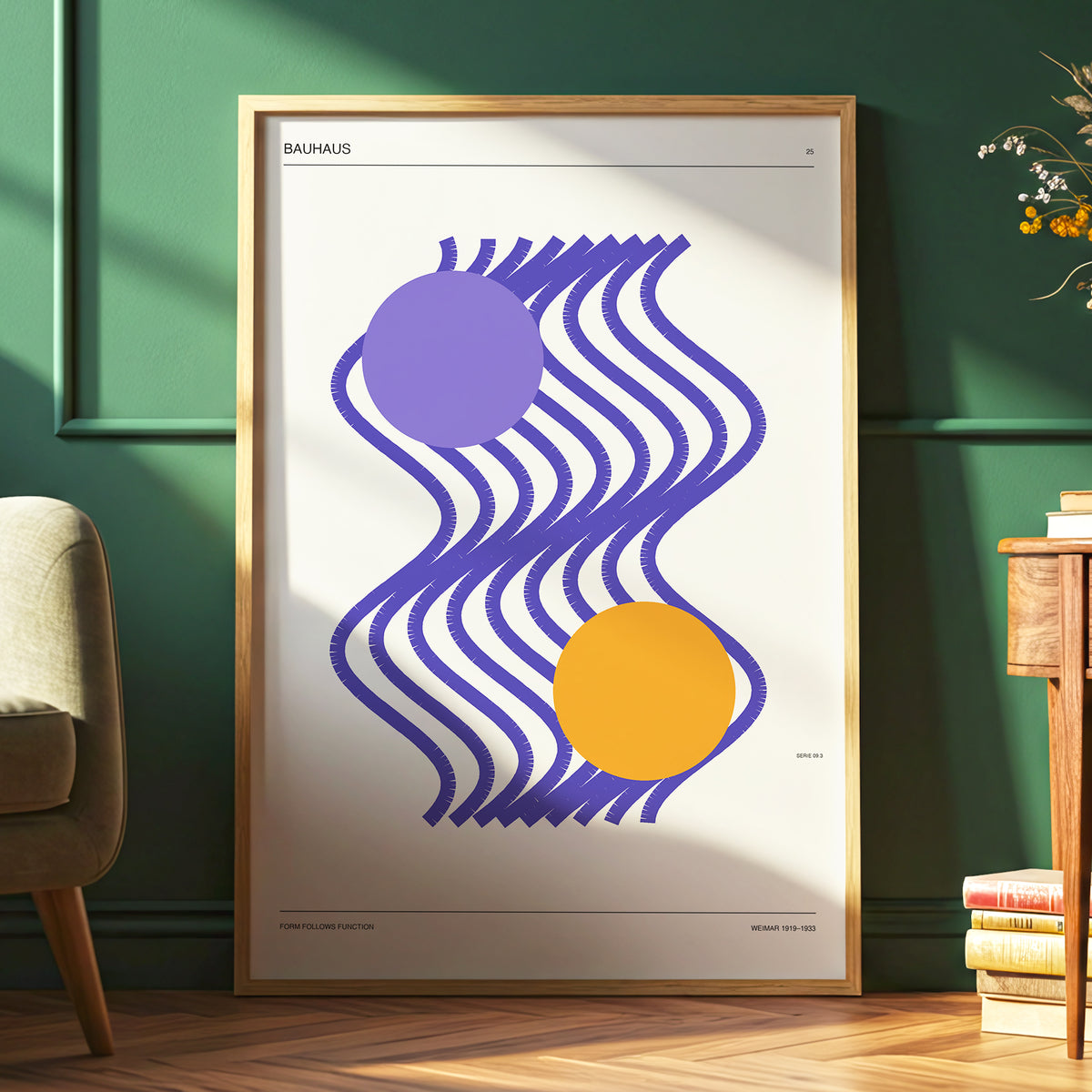 Orbiting Bauhaus Waves, beige, orange, purple abstract wall art displayed in a styled interior, gallery view 6