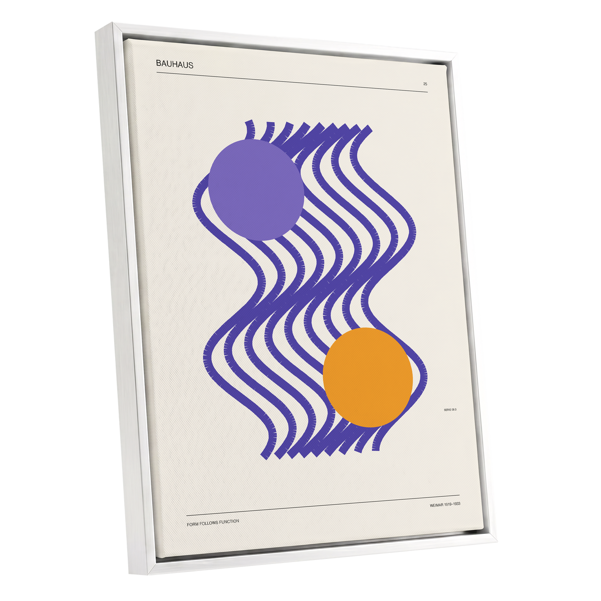 Orbiting Bauhaus Waves, beige, orange, purple abstract wall art shown as a white framed canvas wall art