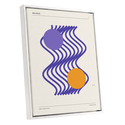 Orbiting Bauhaus Waves, beige, orange, purple abstract wall art shown as a white framed canvas wall art