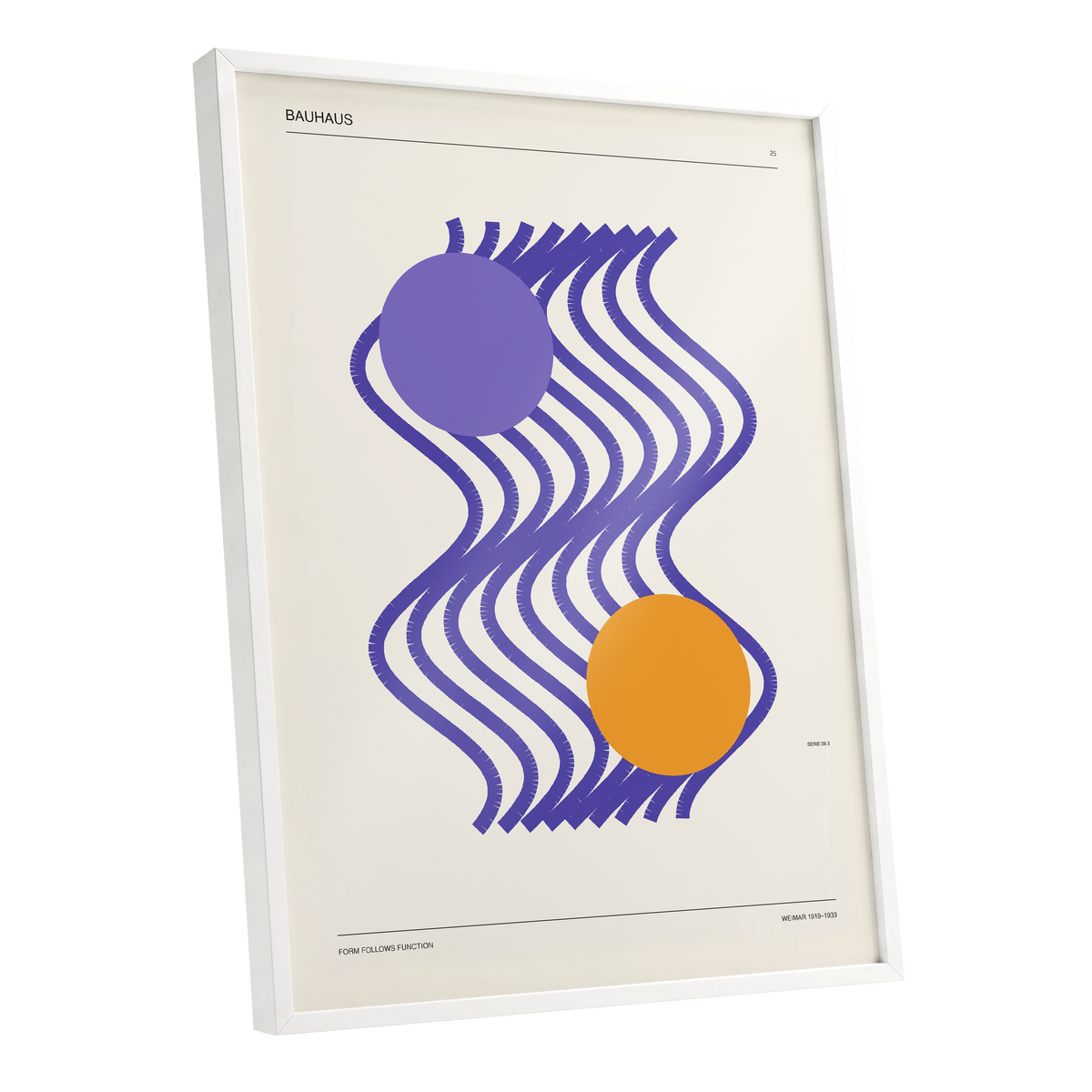 Orbiting Bauhaus Waves, beige, orange, purple abstract wall art shown as a white framed poster wall art print