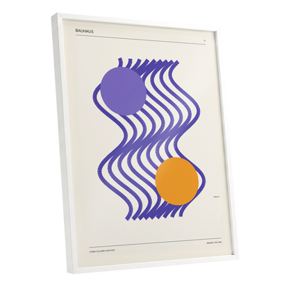 Orbiting Bauhaus Waves, beige, orange, purple abstract wall art shown as a white framed poster wall art print