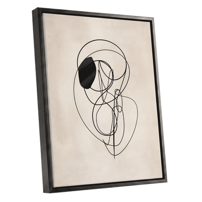 Orbiting Lines, black, beige abstract wall art shown as a black framed canvas wall art