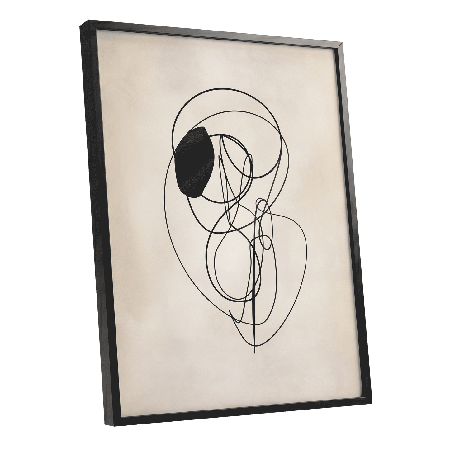 Orbiting Lines, black, beige abstract wall art shown as a black framed poster wall art print
