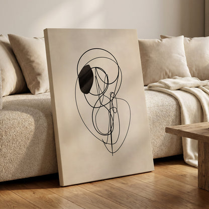 Orbiting Lines, black, beige abstract wall art on canvas displayed in a styled interior, gallery view 1