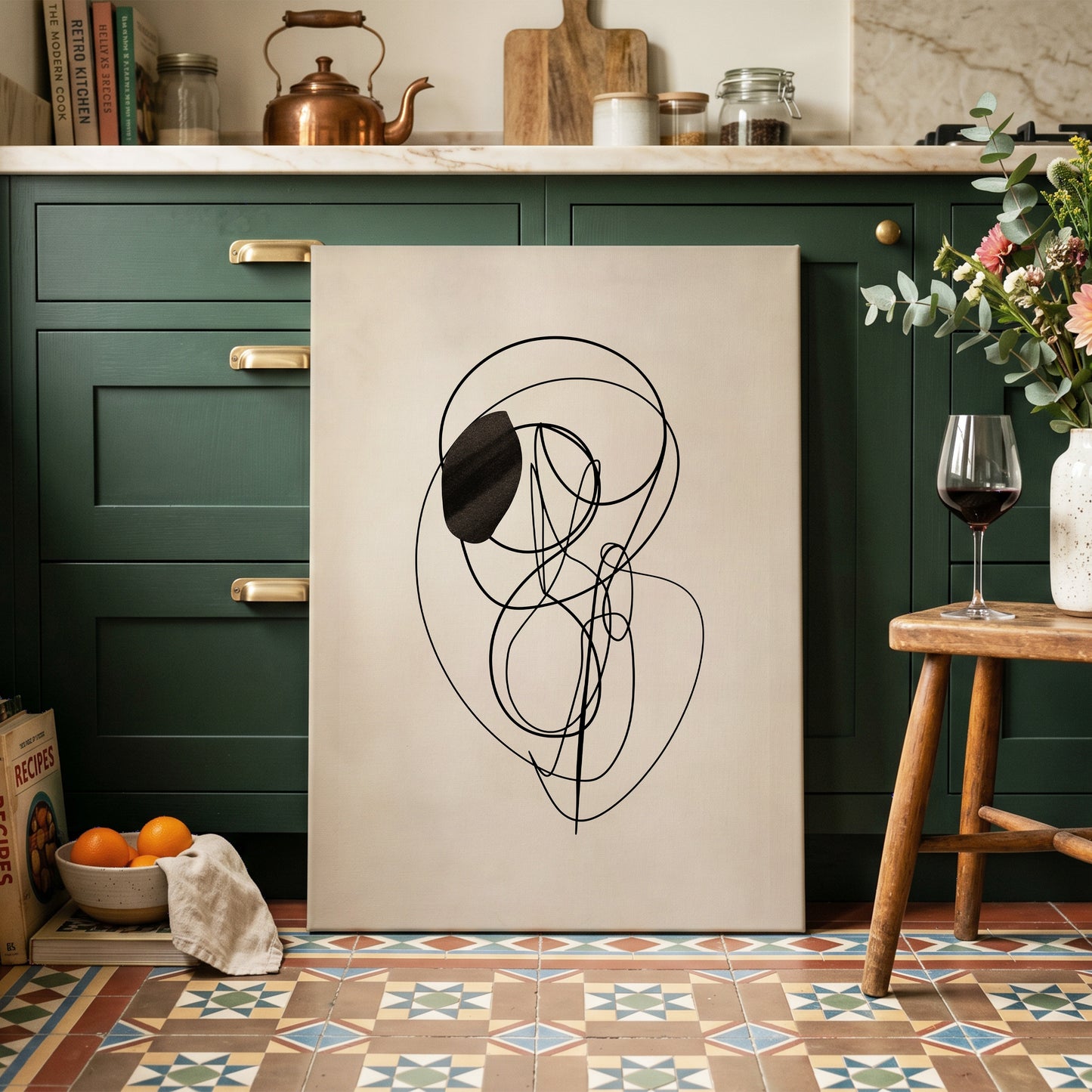 Orbiting Lines, black, beige abstract wall art on canvas displayed in a styled interior, gallery view 2