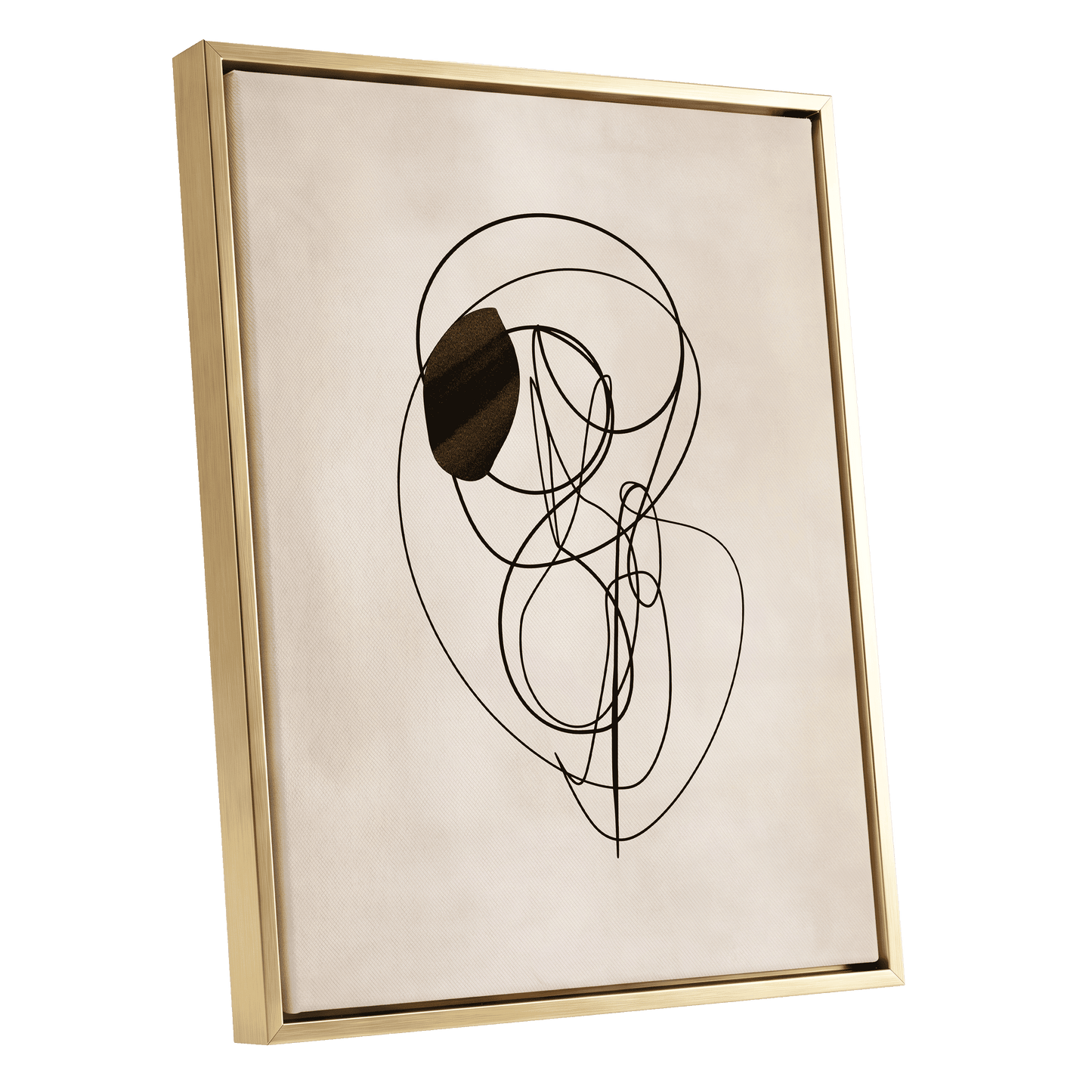 Orbiting Lines, black, beige abstract wall art shown as a gold framed canvas wall art