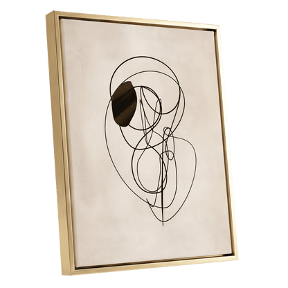 Orbiting Lines, black, beige abstract wall art shown as a gold framed canvas wall art