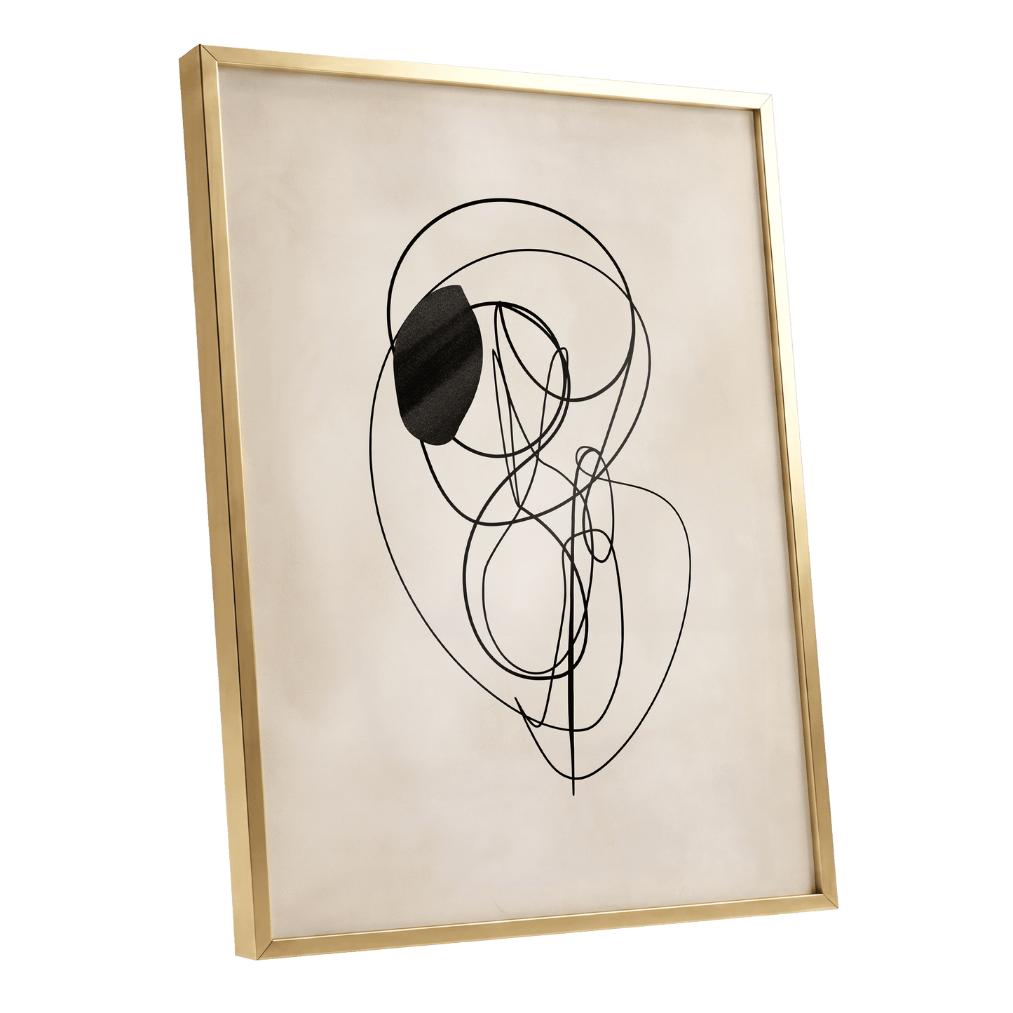 Orbiting Lines, black, beige abstract wall art shown as a gold framed poster wall art print