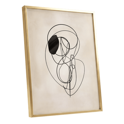 Orbiting Lines, black, beige abstract wall art shown as a gold framed poster wall art print