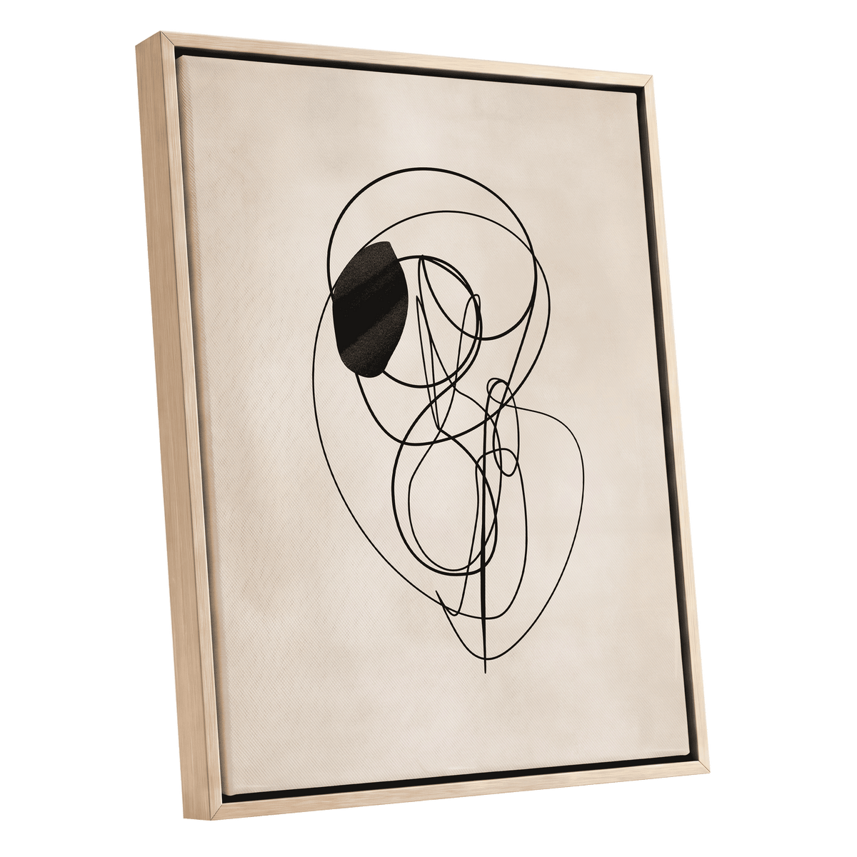 Orbiting Lines: minimalist abstract canvas in a light oak floating frame with a black inner border, featuring looping black lines and a textured dark oval on warm cream.