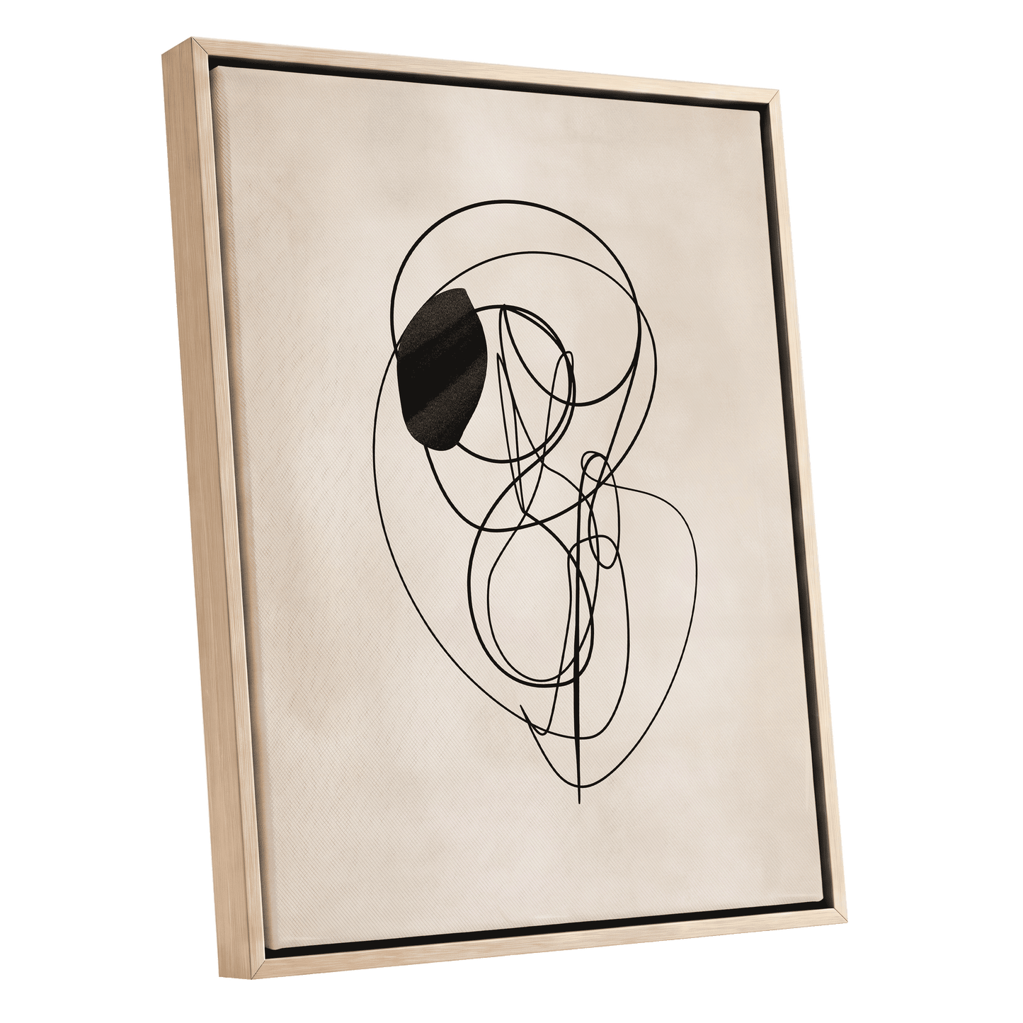 Orbiting Lines, black, beige abstract wall art shown as a oak framed canvas wall art