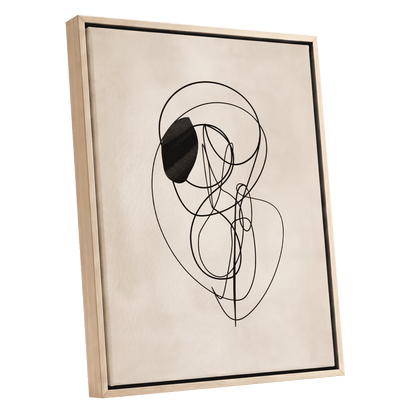Orbiting Lines, black, beige abstract wall art shown as a oak framed canvas wall art