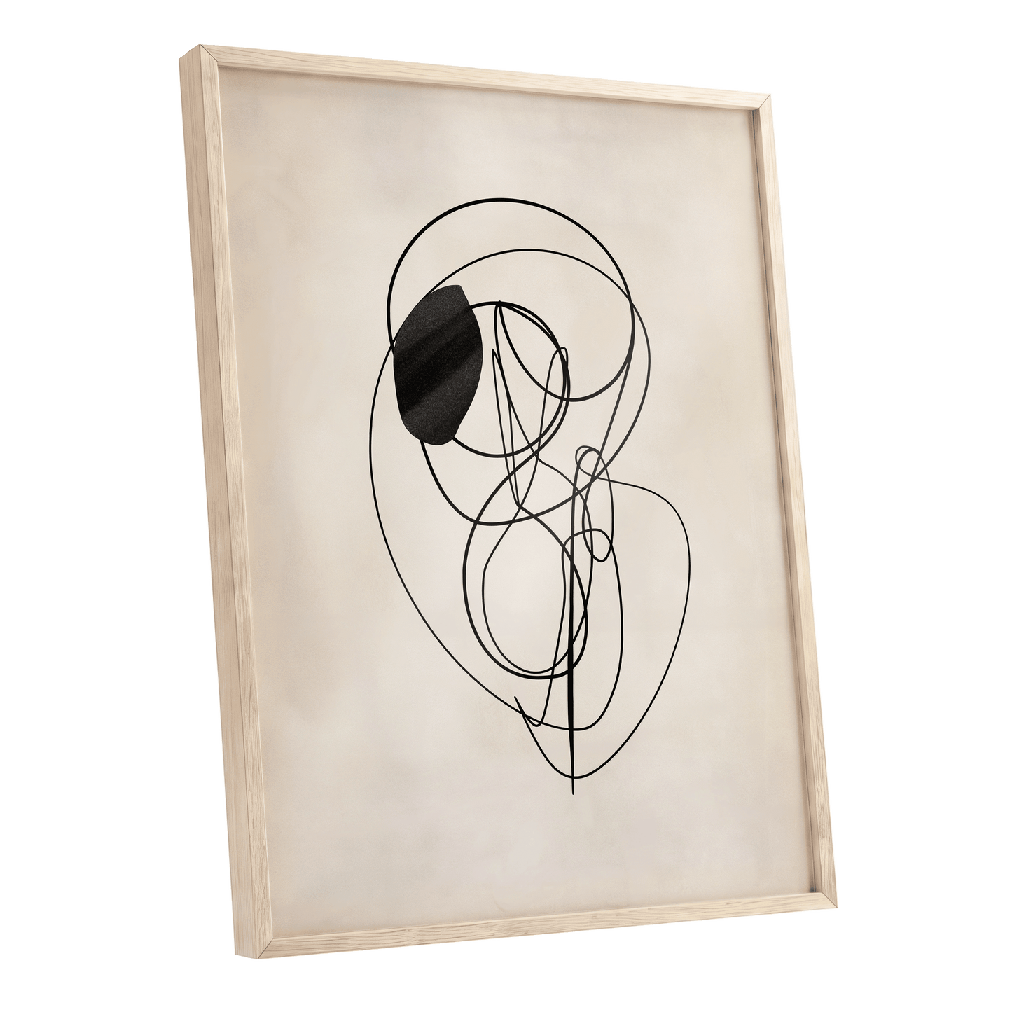 Orbiting Lines, black, beige abstract wall art shown as a oak framed poster wall art print