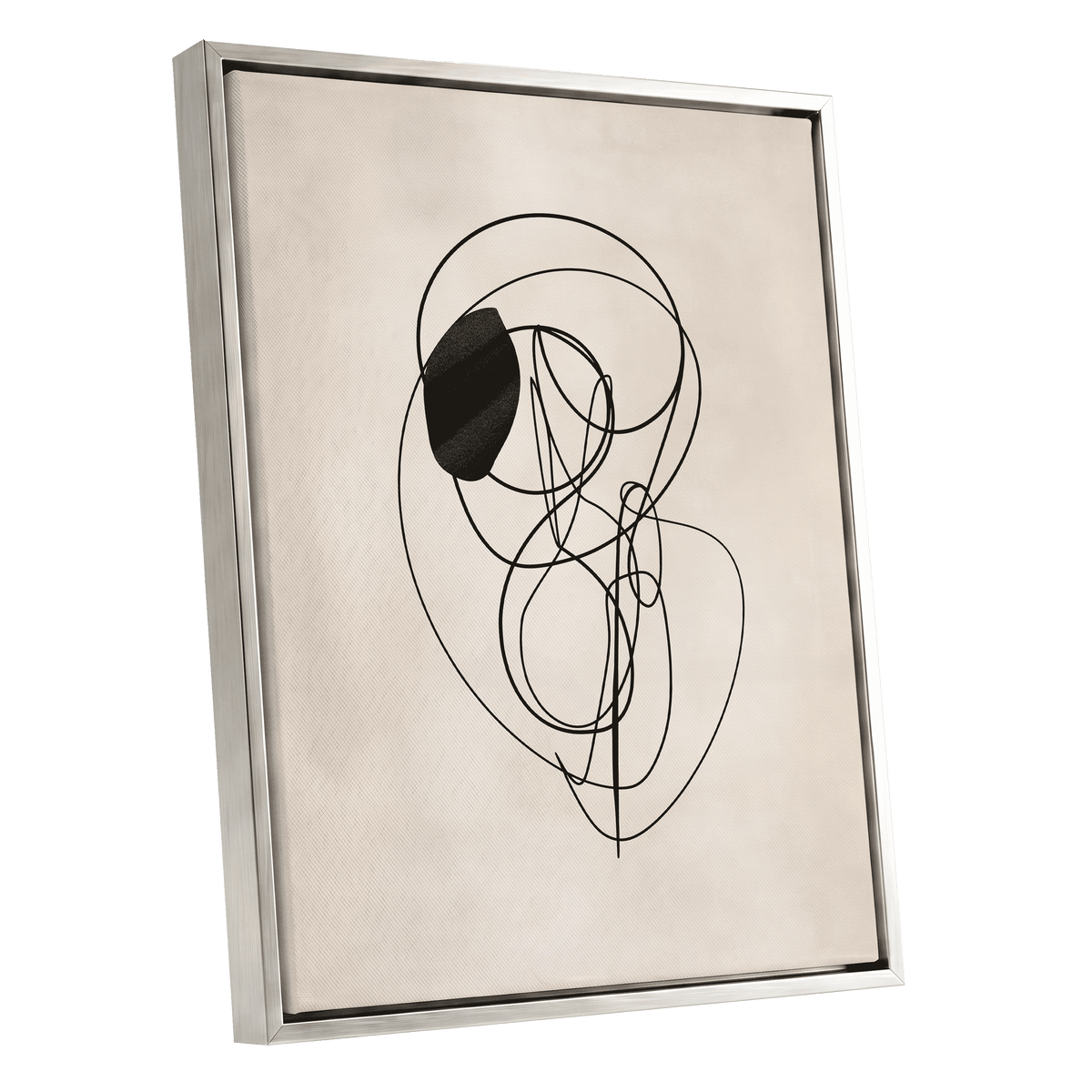 Orbiting Lines: minimalist abstract canvas in a silver floating frame, featuring looping black lines and a textured dark oval on a warm cream background.