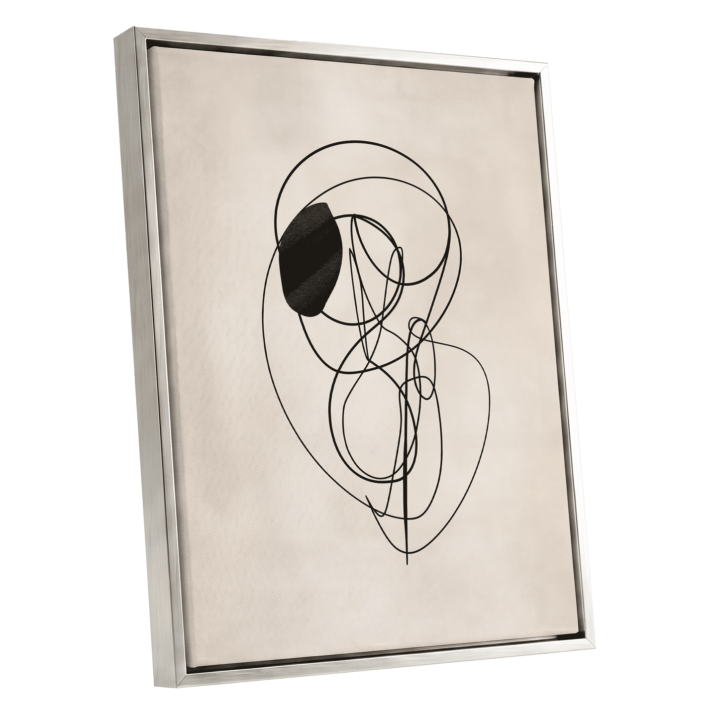 Orbiting Lines, black, beige abstract wall art shown as a silver framed canvas wall art