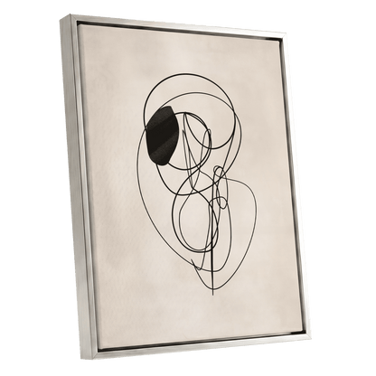 Orbiting Lines, black, beige abstract wall art shown as a silver framed canvas wall art
