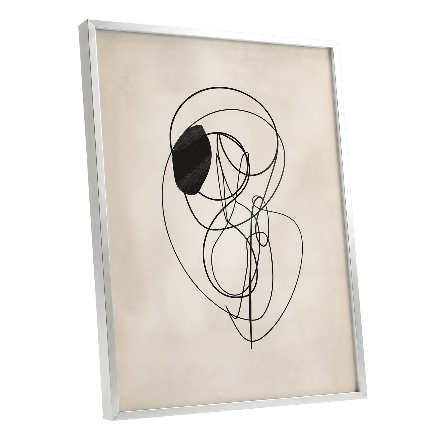 Orbiting Lines, black, beige abstract wall art shown as a silver framed poster wall art print