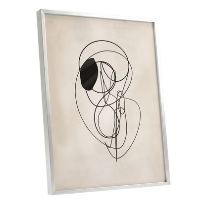 Orbiting Lines, black, beige abstract wall art shown as a silver framed poster wall art print