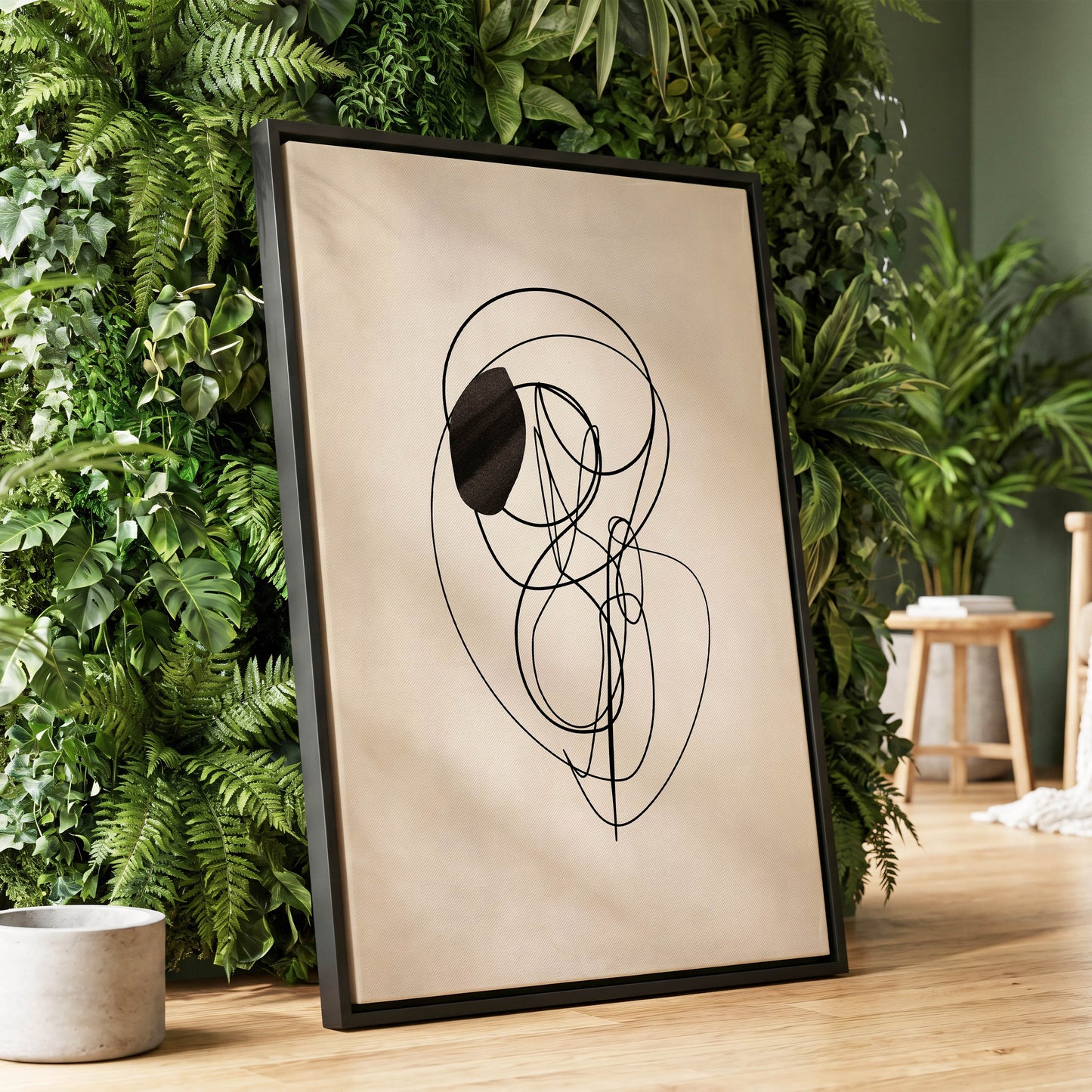 Orbiting Lines, black, beige abstract wall art displayed in a styled interior, gallery view 1