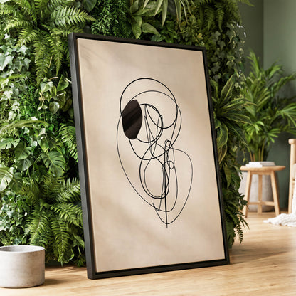 Orbiting Lines, black, beige abstract wall art displayed in a styled interior, gallery view 1