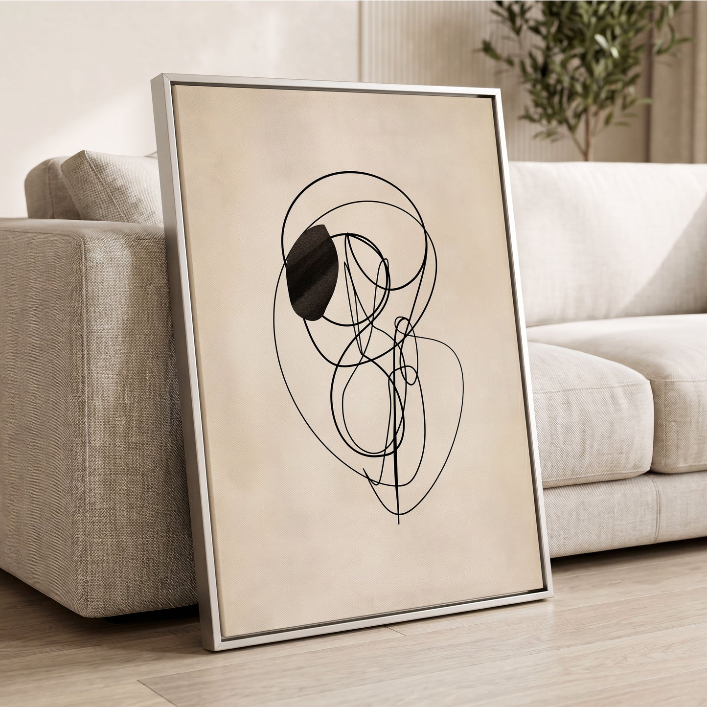 Orbiting Lines, black, beige abstract wall art displayed in a styled interior, gallery view 2