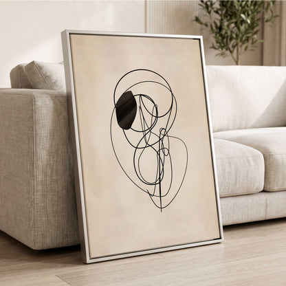 Orbiting Lines, black, beige abstract wall art displayed in a styled interior, gallery view 2